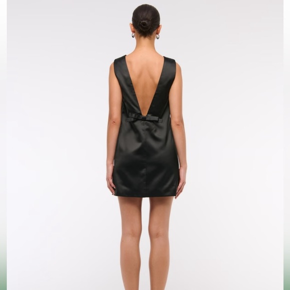 Abercrombie & Fitch Satin Plunge Bow-Back Mini Dress- Black - Picture 3 of 6
